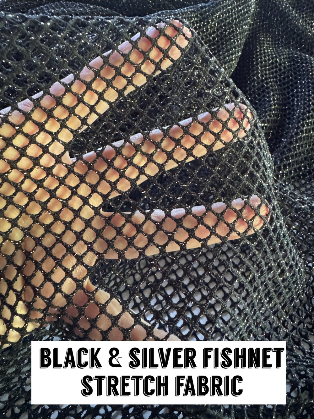 FISHNET STRETCH FABRIC BLACK & SILVER *Sold by-the-yard* (36” x 63” wide) - Picture 10 of 10